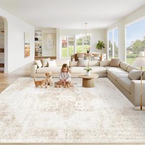 Area Rug 8x10 Washable Rug, Vintage Boho Medallion Rugs Non-Slip Soft Low Pile Large Distressed Rug Indoor Retro Carpet for Living Room Bedroom Dining Room Office Children's Room(Beige, 8'x10')