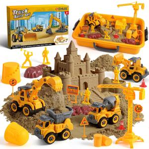 OENUX Play Sand Construction Set, Beach Building Castle Kit w/ 2.2lbs Play Sand, 4 Take Apart Construction Trucks Toys and Signs, Sensory Sandbox with Cover for Boy Girl Kid Toddlers Age 3-8