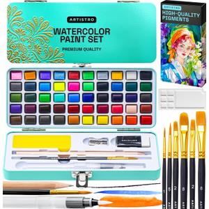 ARTISTRO 50 Color Watercolor Paint Set - Portable Paint Art Kit with Palette and Brush Pens - Travel Water Color Set for Adults, Professionals, Kids - Art and Painting Supplies - Gift Idea