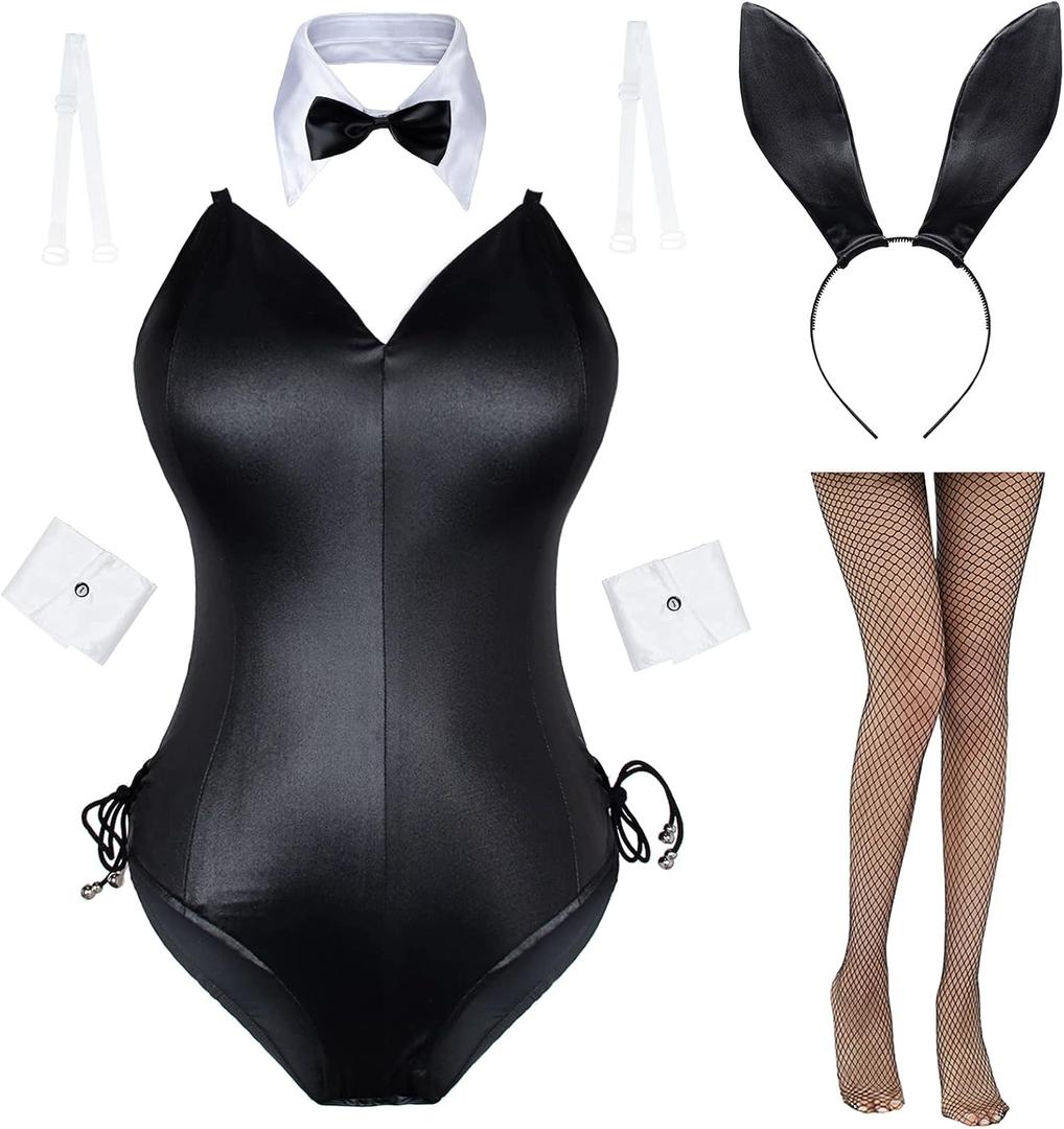 Womens Bunny Costume Girl Suit Senpai Cosplay Anime Role Costume One Piece Bodysuit Stockings Set (Small, Black/White-removable Padded)