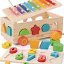 Shape Sorter - Wooden Xylophone and Montessori Number Puzzle Set for Babies - Educational Sorting Game with Storage Car for Toddlers