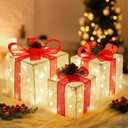 Set of 3 Christmas Lighted Gift Boxes, Pre-lit 60LED Light Up Present Boxes Ornament Outdoor, White Lace Boxes with Red Bows, Battery Operated Christmas Decorations for Indoor Home, Party, Lawn Decor