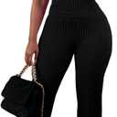 HBQ Women Two Piece Outfit Ribbed Short Sleeve V Neck Polo Top and Flare Pants Casual Lounge Sets Tracksuit (Medium, Black)