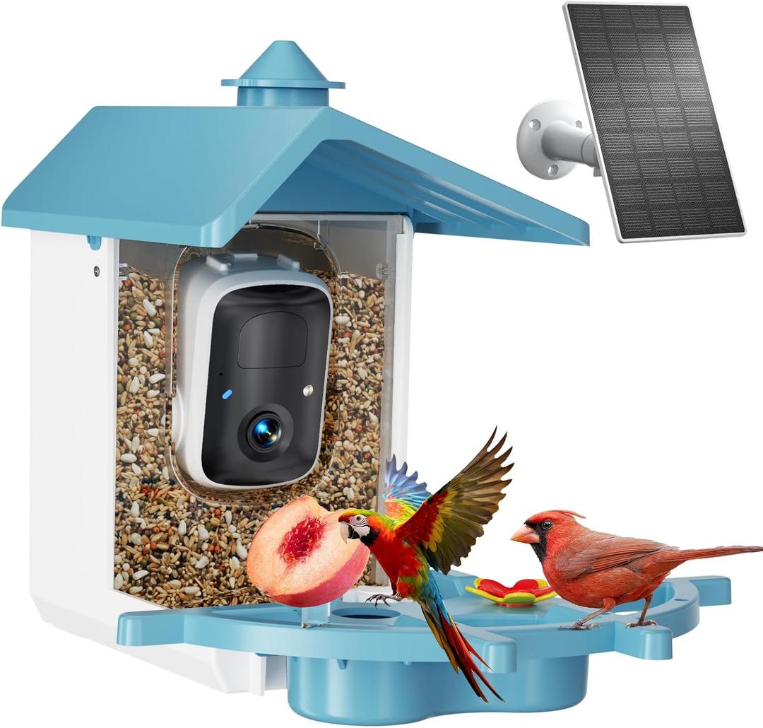 Smart Bird Feeder with Camera - 2K Bird Camera for Outdoors Solar Powered, Birdhouse with Al Identify Species, Instant Alert, Auto Capture, IP65 Waterproof, Ideal Gift for Dad Mom BirdLovers, Blue