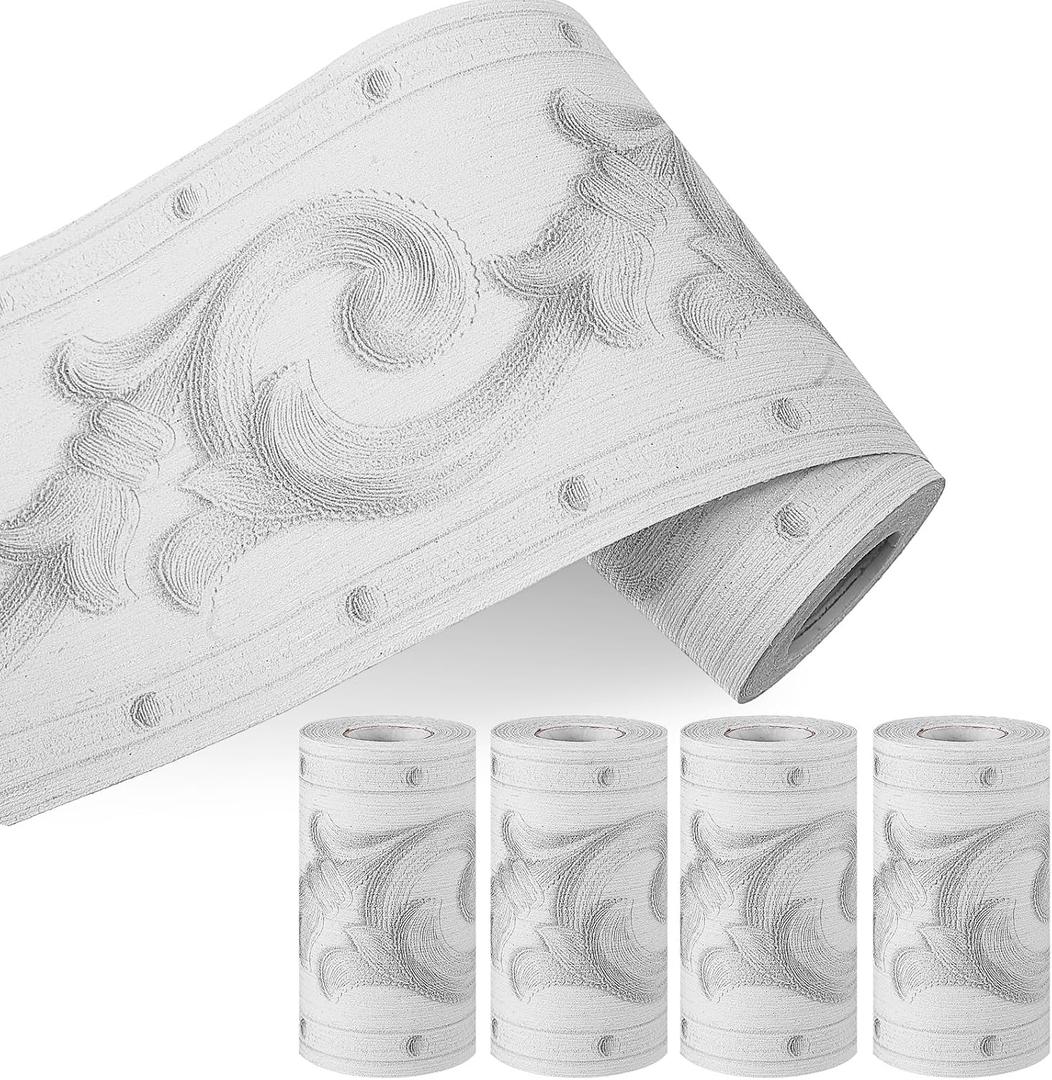 TaoBary 4 Rolls Peel and Stick Wallpaper Border 3D Flower Pattern 4 Inch x 16.4 ft Self Adhesive Mirror Frame Sticker DIY Waterproof Wall Decor for Bathroom Kitchen Bathroom(Gray,Vine)