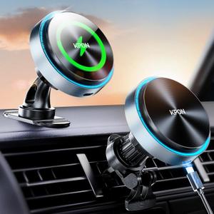 KPON for Magsafe Car Charger Mount, 15W Fast Charging LED 2in1 Magnetic Wireless Car Magsafe Charger for iPhone, Wireless Phone Charger for Car Fits iPhone 16 15 14 13 12,Samsung with MagSafe Case (Gray)