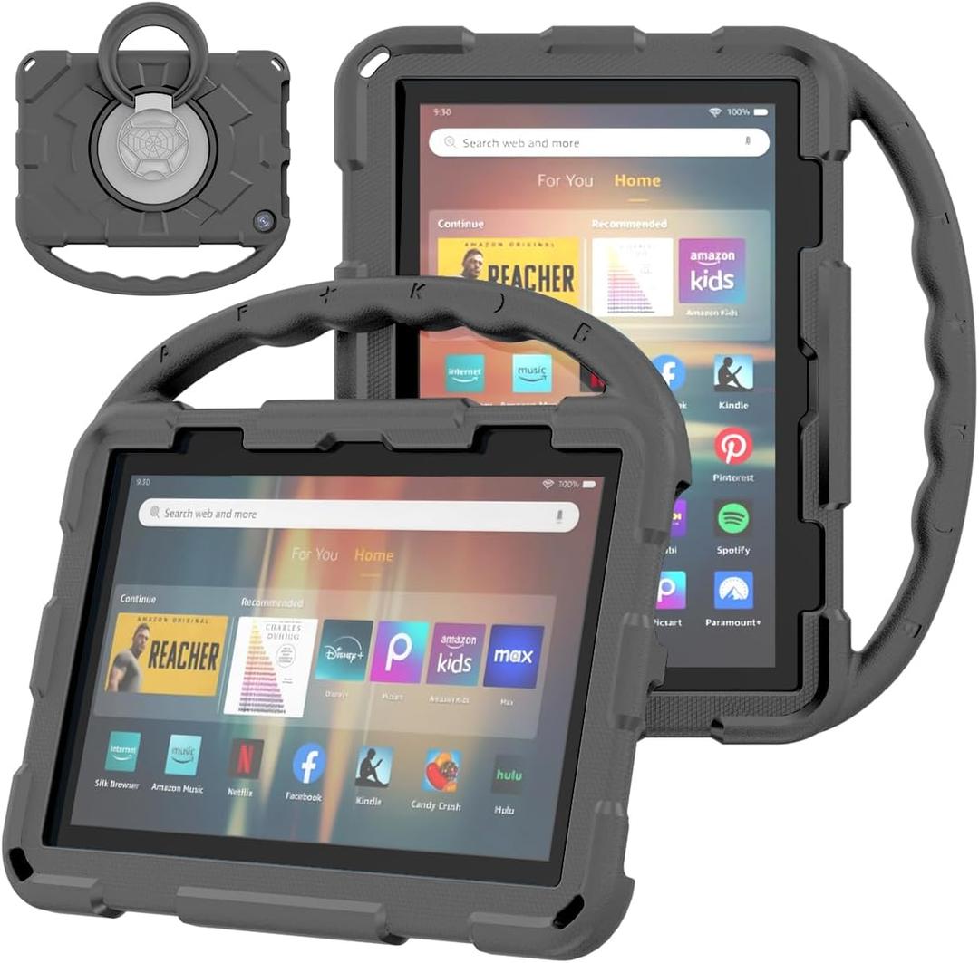 Fire HD 8 Tablet Case for Kids, Amazon Fire HD 8 Case(2024/2022/2020 Release,12th/10th Generation)(Incompatible with iPad and TCL) Rotating 360 Kickstand Lightweight Shockproof Protective Cover(Black)
