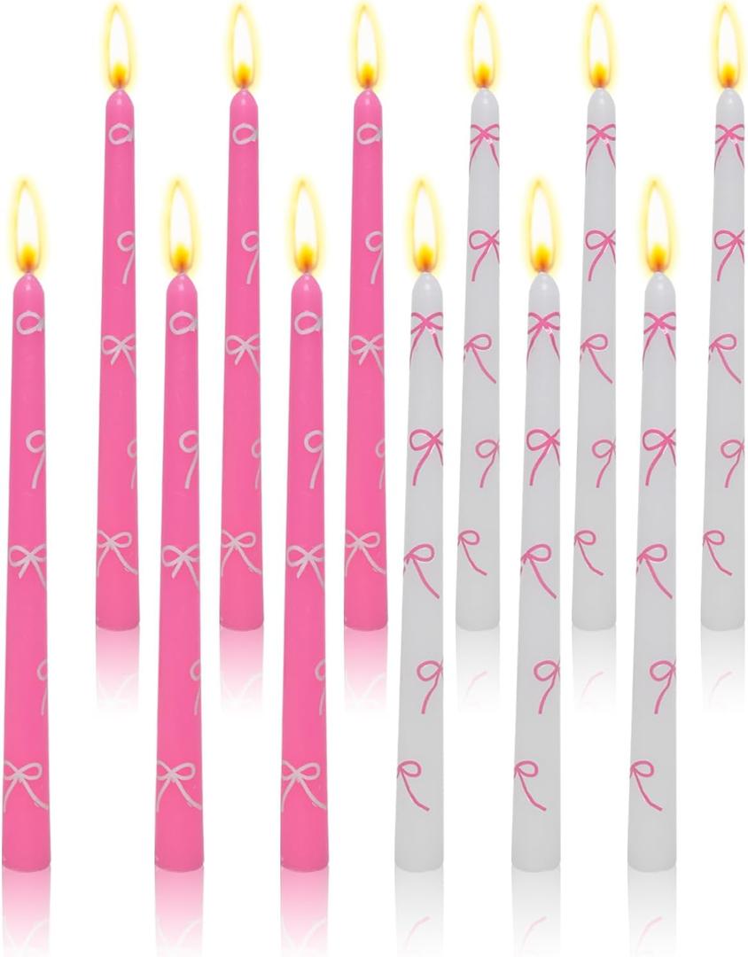Set of 12 Bow-Printed Taper Candles 10 Inch - Smokeless, Dripless, Long Burn Time, White & Pink Decorative Candles for Wedding, Birthday, Dinner, Holiday Decor & Romantic Gifts