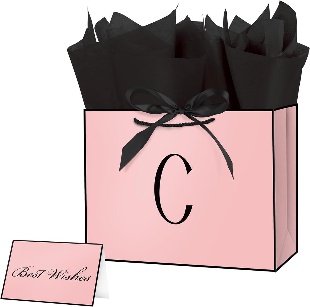 2 x Linelglobal Pink Letter Gift Bag with Handles for Women 12.6" Anniversary Wedding Party Includes Envelope, Card, Wrapping Paper - Initial C, 1 Count