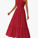RETTYGARDEN Womens One Shoulder Summer Maxi Dress Smocked Flowy Boho Beach Long Sundress Sleeveless Wedding Guest Dresses, Size Small