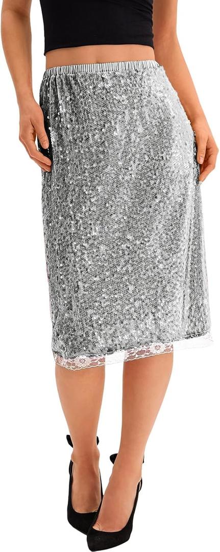 Yousify Womens Sequin Midi Skirts Y2K Elastic High Waisted Lace Trim Sparkly Stretchy Night Out Club Concerts Party Skirt (Medium, Silver)