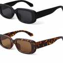 BUTABY Rectangle Sunglasses for Women Retro Driving Glasses 90s Vintage Fashion Narrow Square Frame UV400 Protection (Black Frame Grey Lens+leopard Brown Lens)
