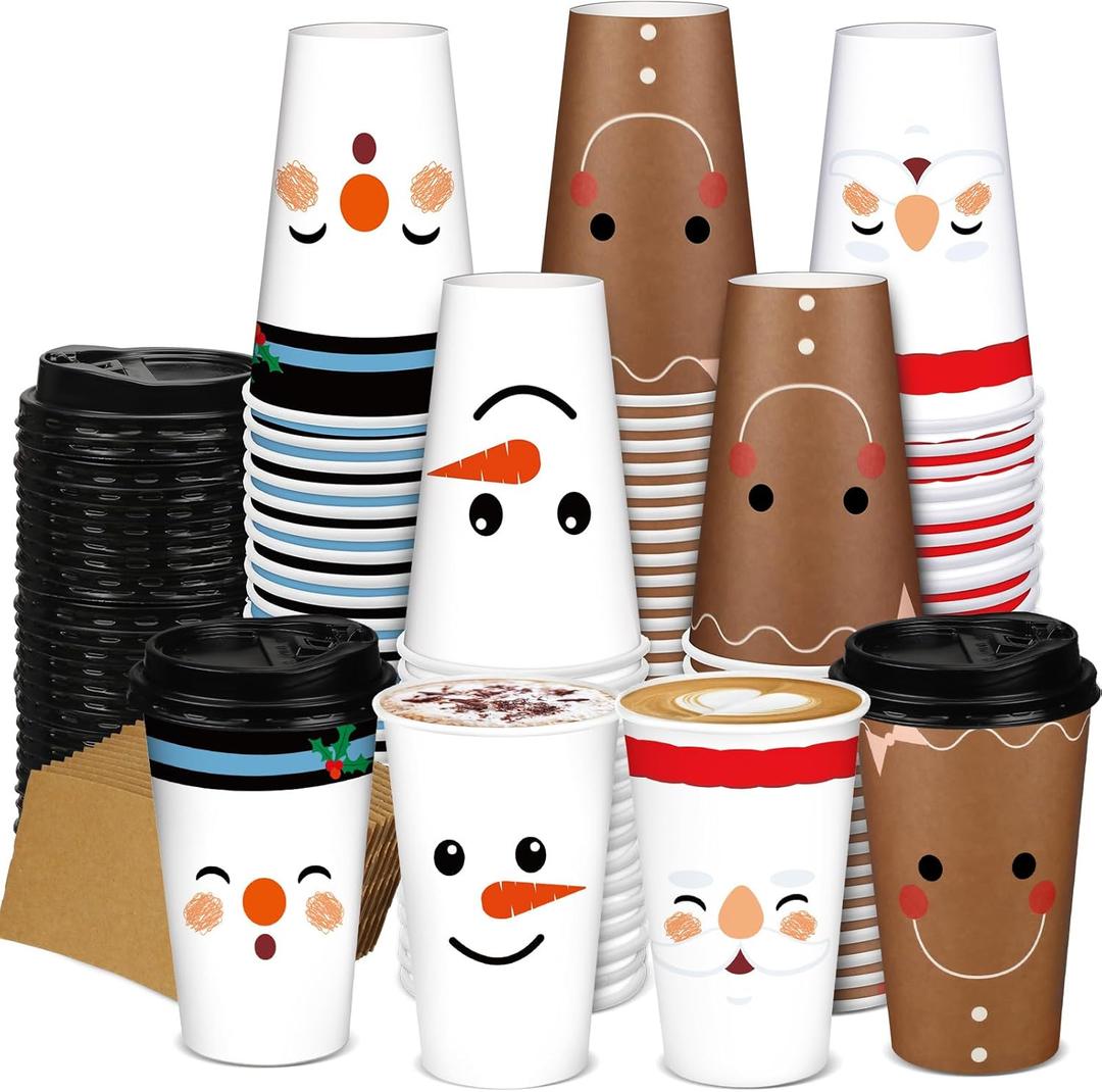 Zhehao 90 Pcs/30 Sets Christmas Paper Coffee Cups with Lids and Sleeves Disposable Hot Cocoa Party Paper Cups for Hot Chocolate Accessories(16 oz,Snowman)