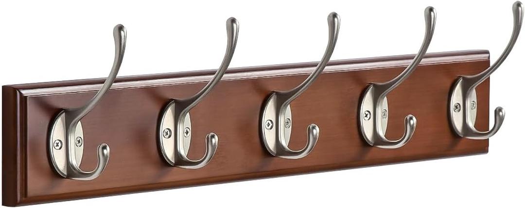 Wall Mount Bamboo Coat Rack, 17 Inch 5 Double Hooks, Dark Browm