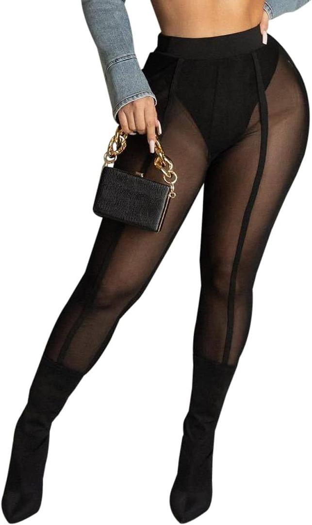 Women's Sexy See Through Sheer Mesh Pants Leggings High Waist Casual Sweatpants Tights (Large, Black)