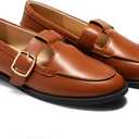 Coutgo Womens Slip On Loafers T-Strap Closed Round Toe Flats Comfortable Work Business Dress Shoes (Brown)
