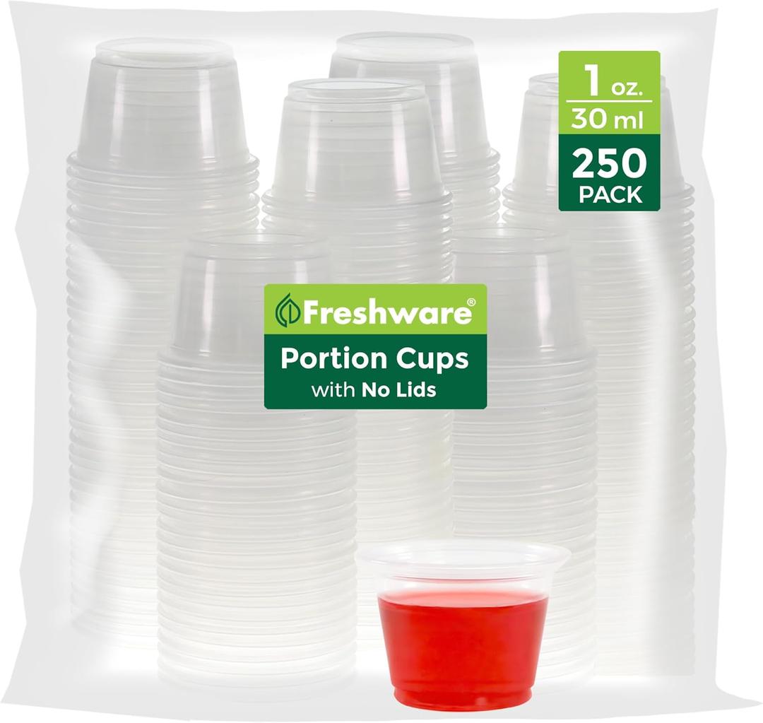 Freshware Plastic Portion Cups (No Lids) [1 Ounce, 250 Cup] Disposable Plastic Cups for Meal Prep, Salad Dressing, Jellos Shot Cups, Souffle Cups, Condiment and Dipping Sauce Cups