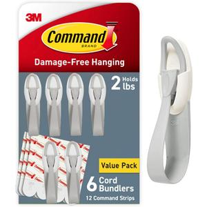 Command Cord Bundlers, Plastic, Damage-Free Hanging Cord Organizer, No Tools Bundler for Hanging Electrical Cables, 6 Gray Bundlers and 12 Strips