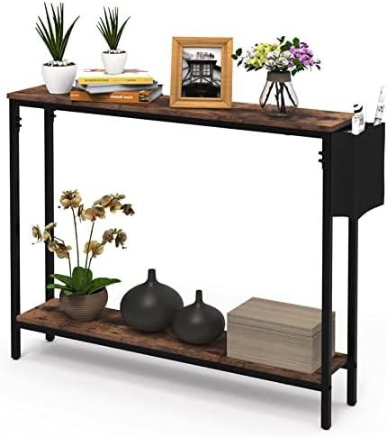 Bigbiglife 39.4" Console Entryway Table, 2-Tier Industrial Narrow Sofa Table with Storage Shelves for Hallway, Living Room, Bedroom, Foyer, Corridor, Office, Rustic Brown and Black
