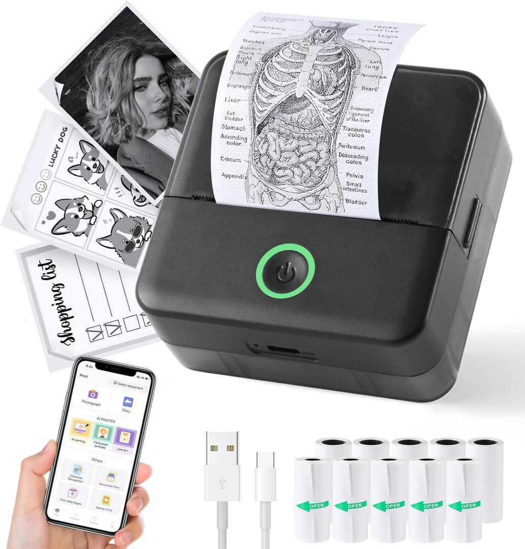 Print Pods Mini Printer, Thermal Inkless Sticker Maker with 10 Rolls Printing Paper, Pocket Printpod for phone, Impresora Porttil for Notes, Flashcards, Journal, DIY, Compatible with iOS & Android (Black)