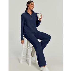 RUBZOOF Sweatsuits Women 2 Piece Outfit Half Zip Sweatshirt with Wide Leg Sweatpant 2 Piece Sweat Sets Lounge Set Tracksuit L