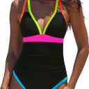 popvil Women's One Piece 2025 Tummy Control Swimsuits Neon Color Block Swimwear Deep V Neck Slimming Bathing Suit (Black, XL)