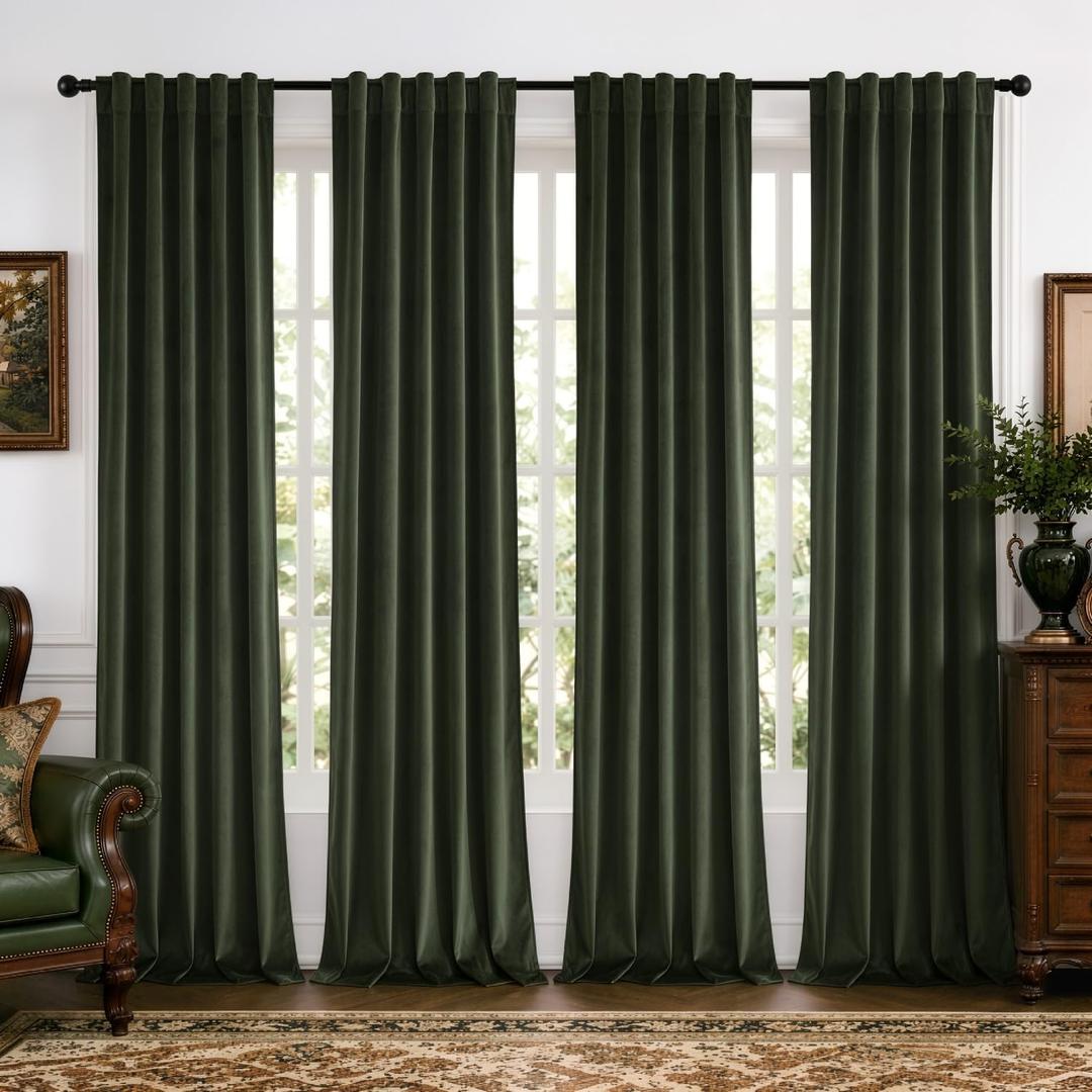 Olive Green Velvet Curtains 4 Panels Set Back Tab 52*100 Inch Long