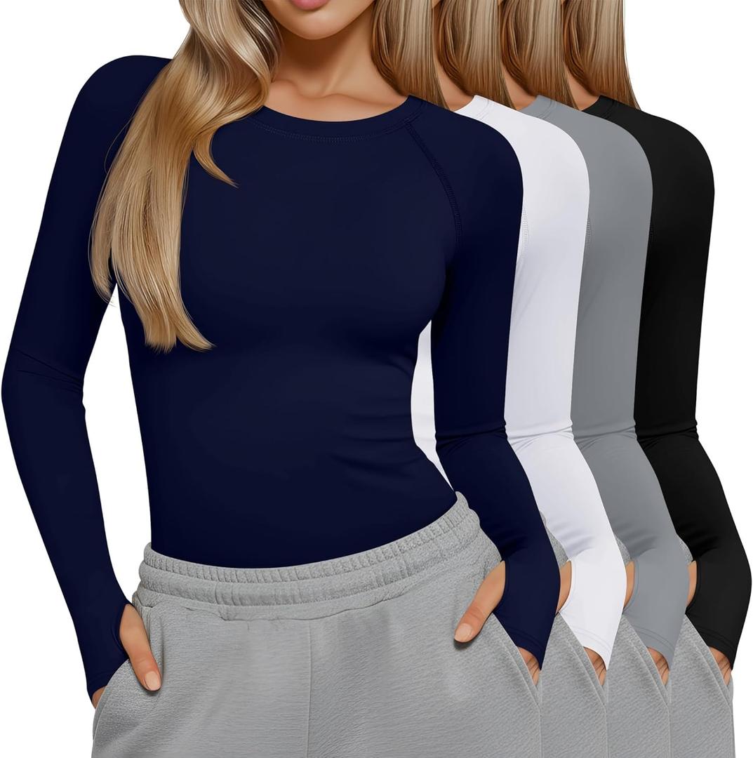 Oakgarden 4 Pack Women's Seamless Workout Shirts Long Sleeve Yoga Athletic Top Thumb Holes Raglan Crewneck Sports Running Tee (Large, Black, Bright Gray, White, Navy Blue)