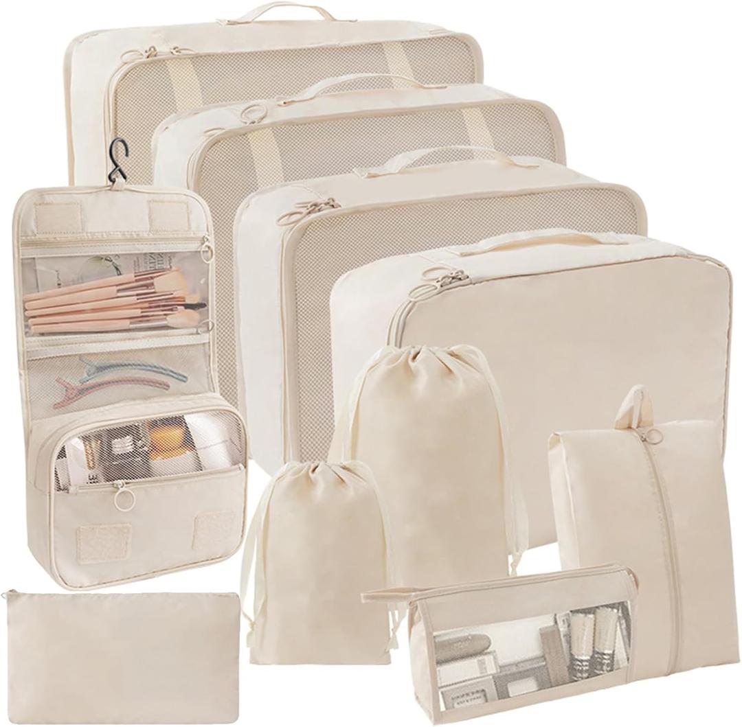 SLMT Travel Organizer 10 Set, Suitcase Organizer Bags Set, Travel Cubes for Packing, Luggage Organizers for Suitcase, Carry On Travel Organizer Bags (Beige)