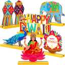 Jansun 6 Pack Diwali Wooden Centerpieces, Happy Diwali Table Sign Diwali Light Centerpieces Festival Decorations for Party Home Desk Decor (Orange Yellow)