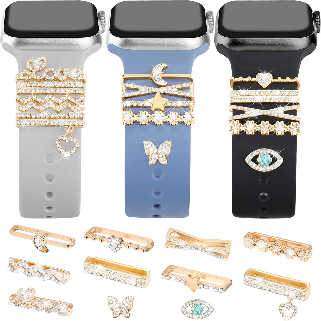 JR.DM 11-Pcs Super Bling Watch Charms with 9-Pcs Decorative Rings Loops 2-Pcs Decoration, Compatible with Apple Watch Band Metal Diamond Sliding Accessories for iWatch Series 11 10 9 8 7 6 5 4 3 2 1 (One Size, Gold)