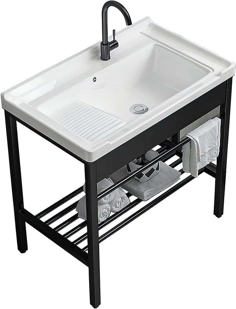 Freestanding Laundry Utility Sink, 28.3" x 19" x 32.3" Ceramic Utility Sink with Washboard Set with Bracket and Drain Kit for Laundry Room, Utility Room, Garage, Basement, Outdoor and Indoor