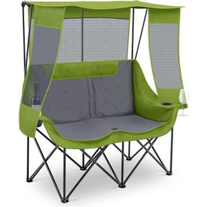 Teenyyou Double Camping Chair with Canopy Shade 660lbs Heavy Duty Beach Chair, Portable Folding 2 Person Camping Loveseat with Cup Holder and Storage Bag for Lawn Beach Outdoor Sport(Geen and Grey)