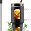 Glass Tumbler with Straw and Lid, 40 oz glass cup with handle, Glass Water Bottles with Time Marker, Silicone Protective Sleeve-Black