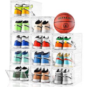 12 Pack Thicken & Sturdy Clear Shoe Storage Organizer with Magnetic Door, Shoe Boxes Clear Plastic Stackable for Closet, Shoe Rack for Sneaker Boot Container, Shoe Cabinet Fit up to US Size 12