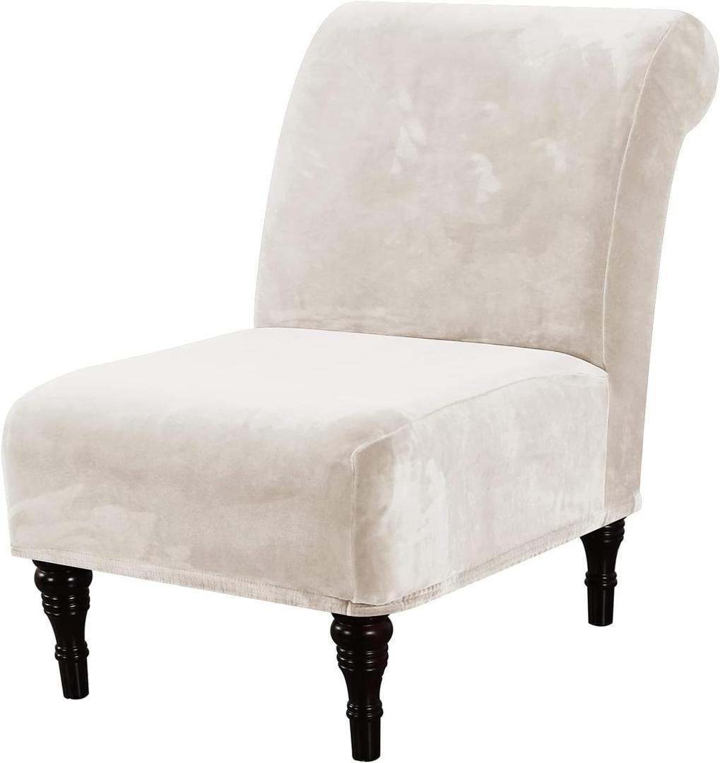 H.VERSAILTEX Armless Accent Chair Covers Thick Velvet Armless Chair Slipcovers High Stretch Chair Covers for Living Room Hotel Machine Washable Furniture Protector with Elastic Bottom, Ivory, 9"D x 11"W x 4"H