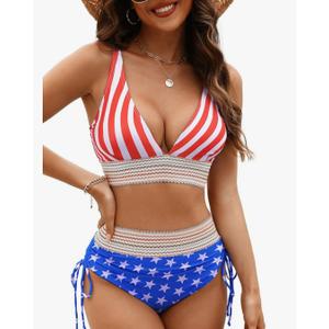 Adisputent Womens High Waisted Bikini Sets Color Block Swimsuit V Neck Tummy Control Swimwear Drawstring 2 Piece Bathing Suit, XXL