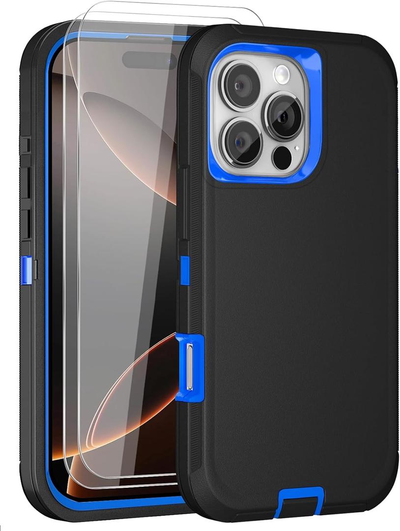 JGS for iPhone 16 Pro Case 6.3", Military Grade 3 in 1 Heavy Duty Shockproof/Drop Proof Case with 2 PCS Tempered Glass Screen Protector (Black Blue)