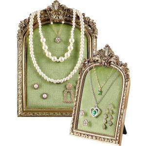 Wonderjune 2 Pcs Gold Jewelry Display Stand Vintage Necklace Organizer Ring Holder Earring Tray Resin Jewelry Photography Props Frame with Velvet Backing for Gifts(Green,Large,Small,Elegant)