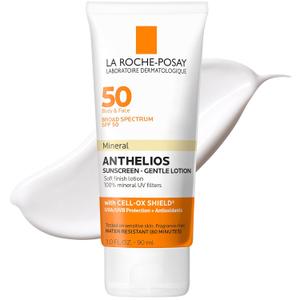 La Roche-Posay Anthelios Mineral Sunscreen SPF 50 Gentle Lotion, Broad Spectrum SPF + Antioxidants, Face & Body Sunscreen, Titanium Dioxide & Zinc Oxide, Oxybenzone Free, Oil Free