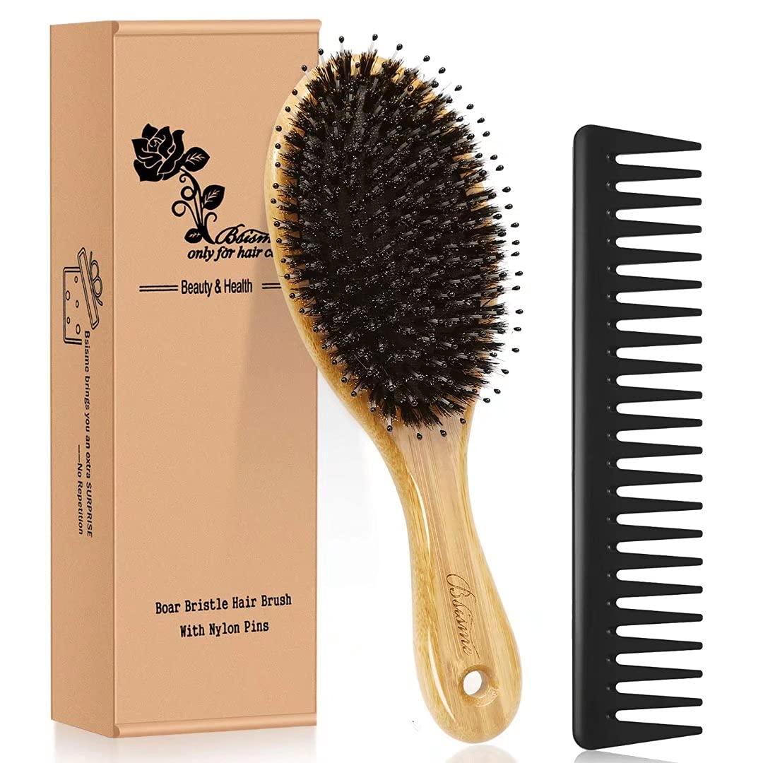 Hair Brush Comb Set Boar Bristle Hairbrush for Curly Thick Long Fine Dry Wet Hair,Best Travel Bamboo Paddle Detangler Detangling Hair Brushes for Women Men Kids Adding Shine Smoothing Hair (Natural Wood Color2)