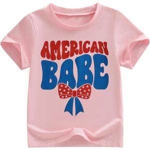 Kids Toddler Girls 4th of July T-Shirt Coquette Bowknot Patriotic USA 250 American Flag Independence Day Top (Pink)