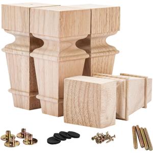 La Vane 6 inch / 15cm Wooden Furniture Legs, Set of 4 Carved Geometry Solid Wood Unfinished Replacement Bun Feet with Mounting Plate & Screws for Sofa Cabinet Couch Table TV Stand
