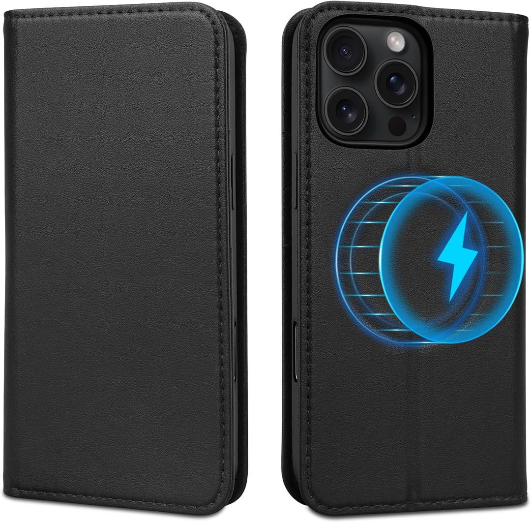 Wallet Case for iPhone 16 Pro 6.3", Genuine Leather Flip Folio Case Compatible with Magsafe, RFID Blocking Magnetic Card Holder Kickstand Cover Men Women for iPhone 16 Pro,Black