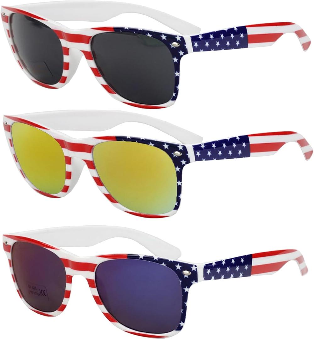 American Flag Sunglasses, 4th of July Sunglasses 3 Pcs, Red White and Blue Decorations Patriotic, USA Flag Glasses for Women Men Classic Retro for 4th of July Accessories