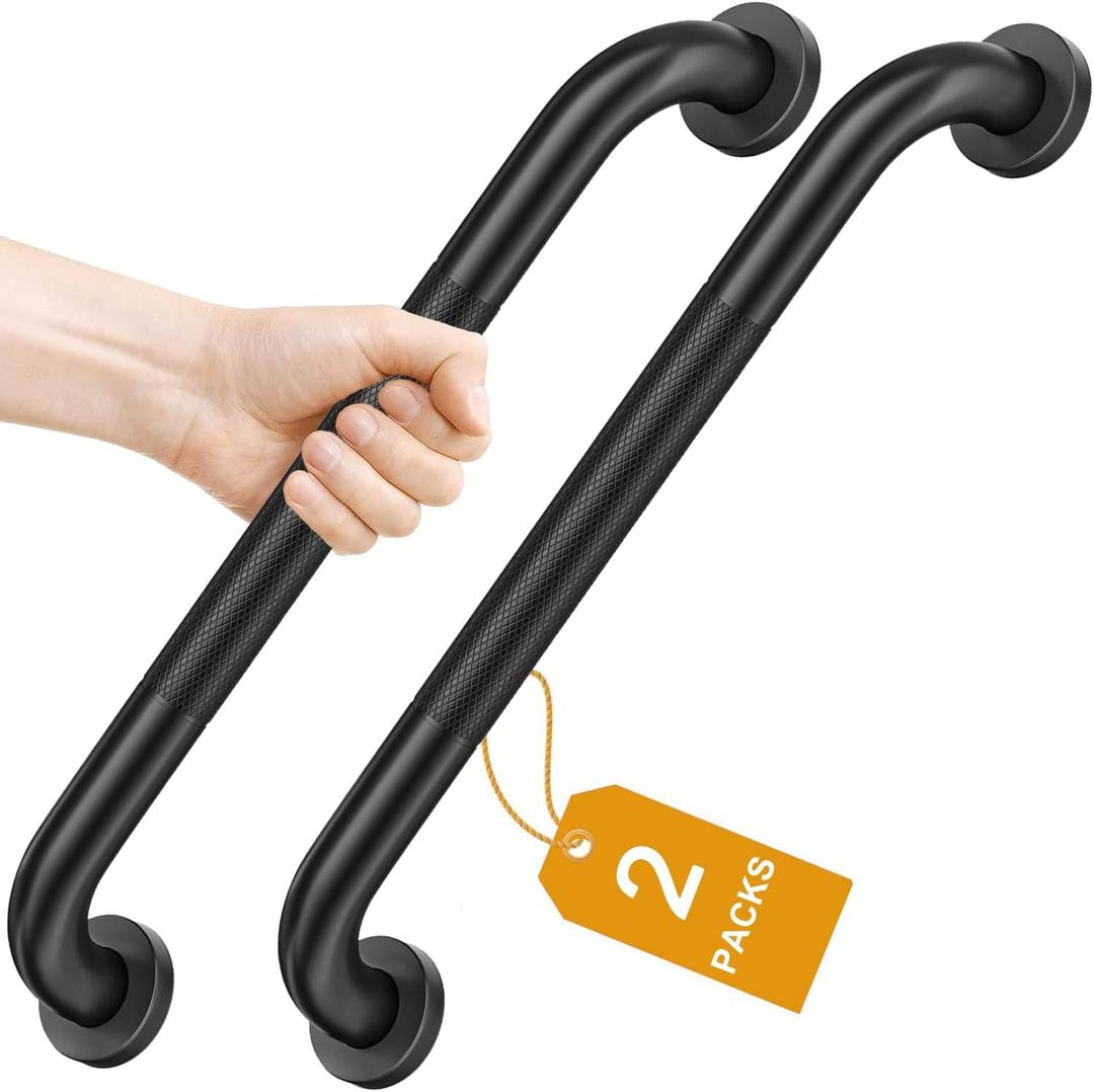 FANHAO 2 Pack Shower Grab Bar, 16 Inch Stainless Steel Bathroom Grab Bar with Anti-Slip Knurled Grip, Shower Handle Bath Handle, Safety Bars for Shower Chair Bench, Senior, Elderly, Handicap (Black)
