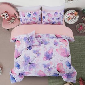 A Nice Night 6pcs Full Bed in A Bag Watercolor Ink Wash Tie-Dye Butterfly Printed, Butterflies Flying Bedding Comforter Set, Purple