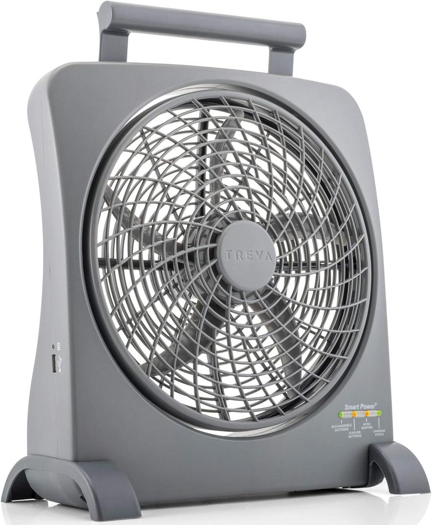 O2COOL Treva 10 inch Rechargeable Portable Fan Smart Power Air Circulator. Plug-In AC Adapter and Battery Powered, USB Charging Port, For Camping Travel and Indoors Use