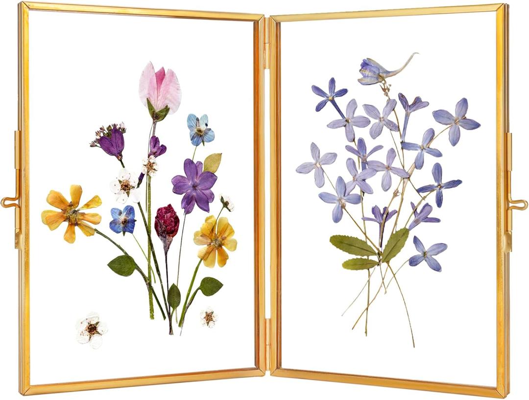 Glass Pressed Flower Frame Handmade, Hinged Double Press Flower Frame, Tabletop Brass Photo Frames, Rectangle Dried Flower Display Folding Frame for Home, Gold,46 Inches (4L" x 6W")