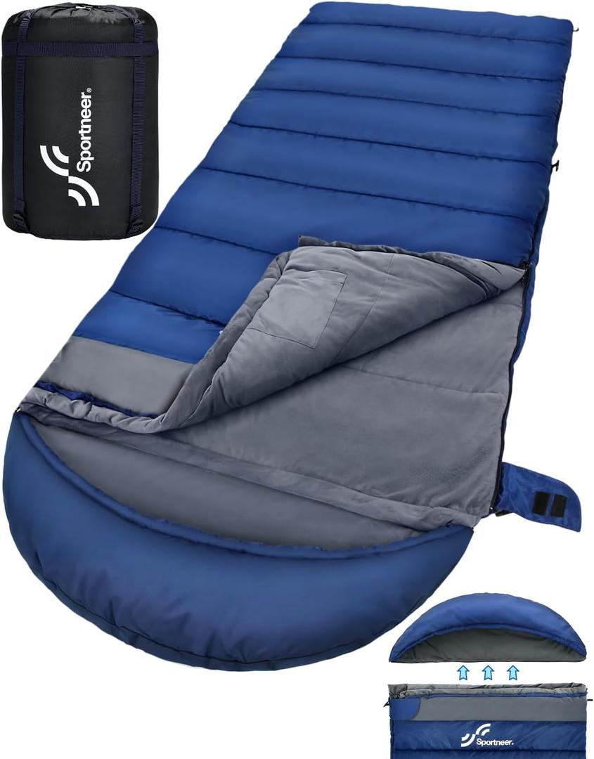 Sportneer 0 Degree Sleeping Bag for Cold Weather, Crystal Velvet Lined Winter Camping Sleeping Bag for Big & Tall Adults, 23F59F Rated, 90.5" x 35.4", 6.6 lbs, Detachable Hood, Compression Sack